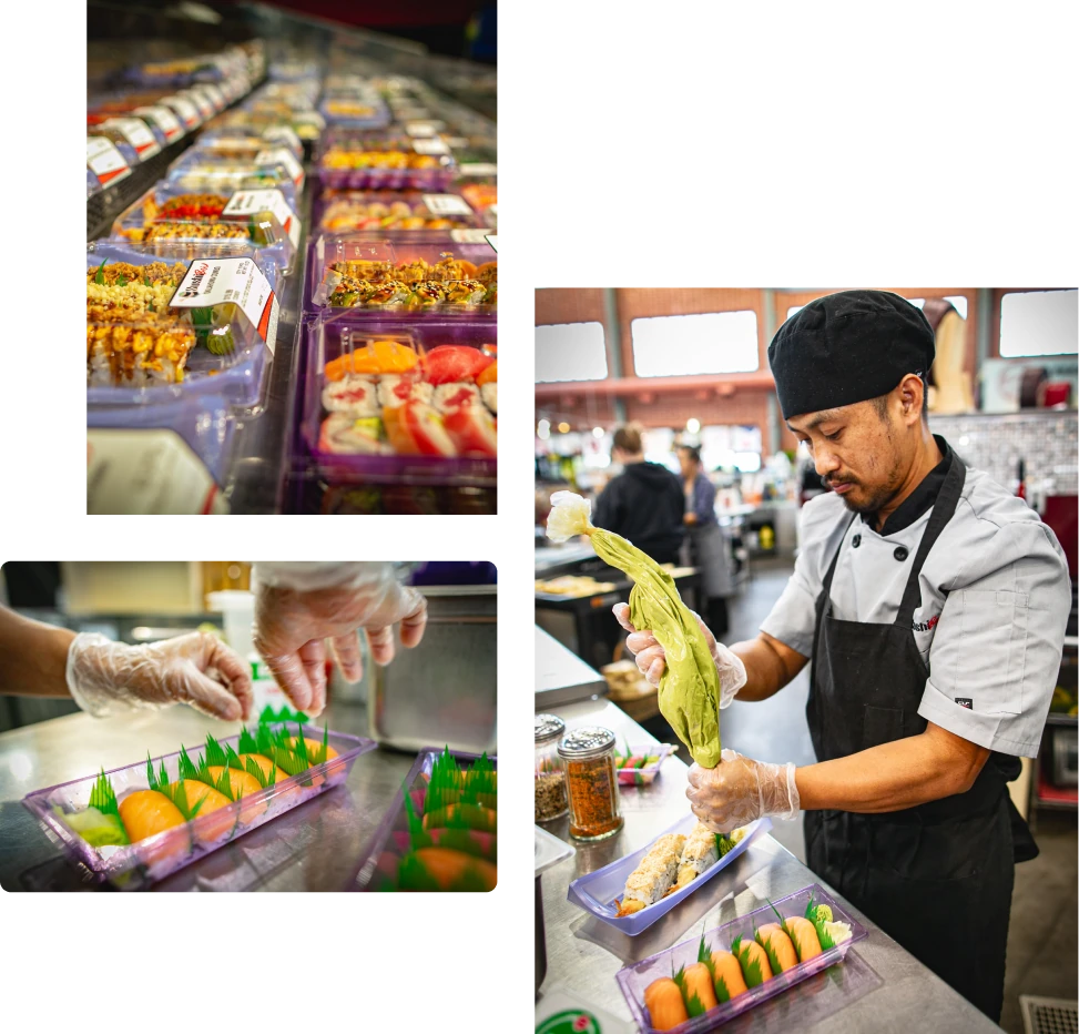 Collage of the process of preparing grab-and-go sushi from Sushiboi.