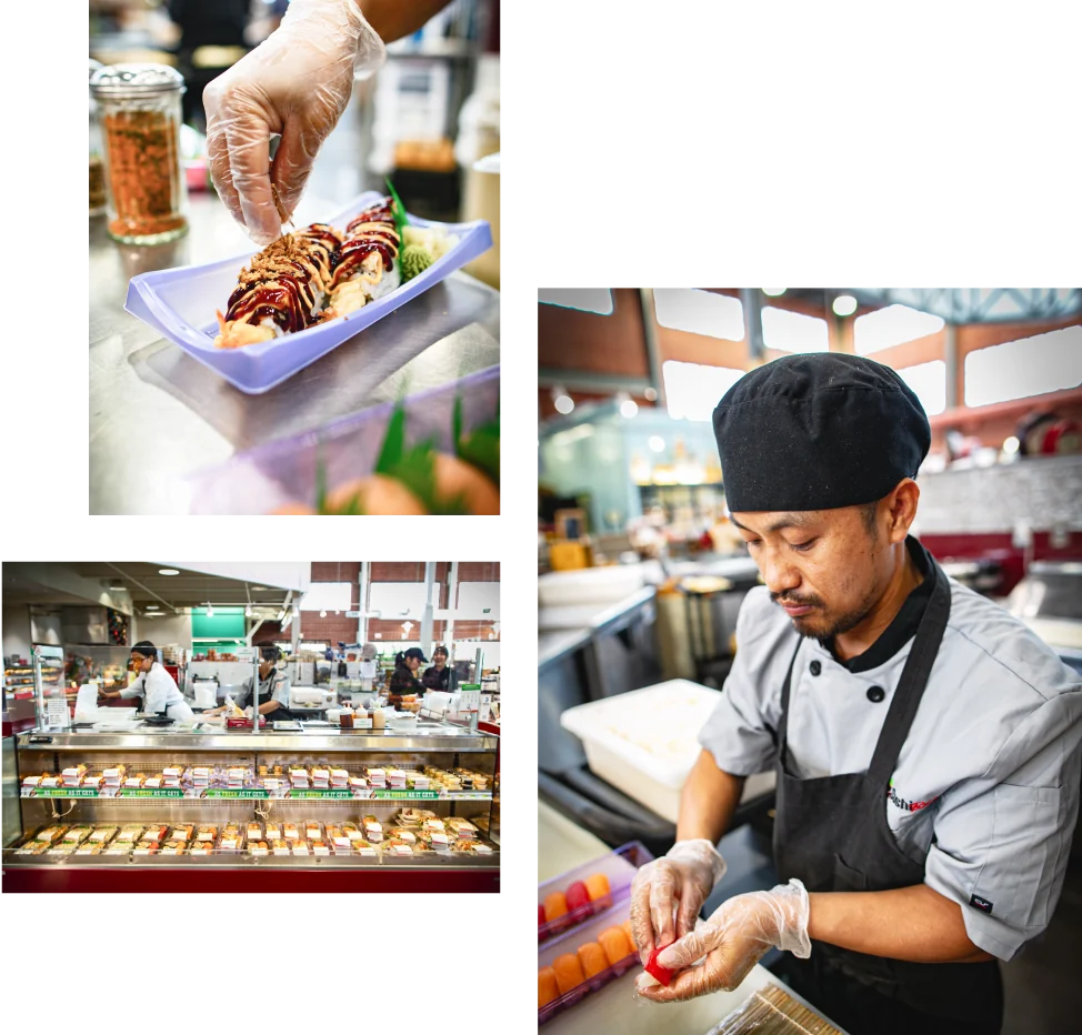 Collage of the process of making Sushiboi's grab-and-go sushi rolls.